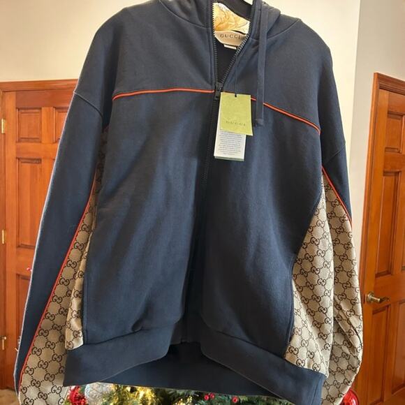 Men's Gucci, cotton jersey, zip jacket signature, GG Supreme jacquard medium - Picture 1 of 15